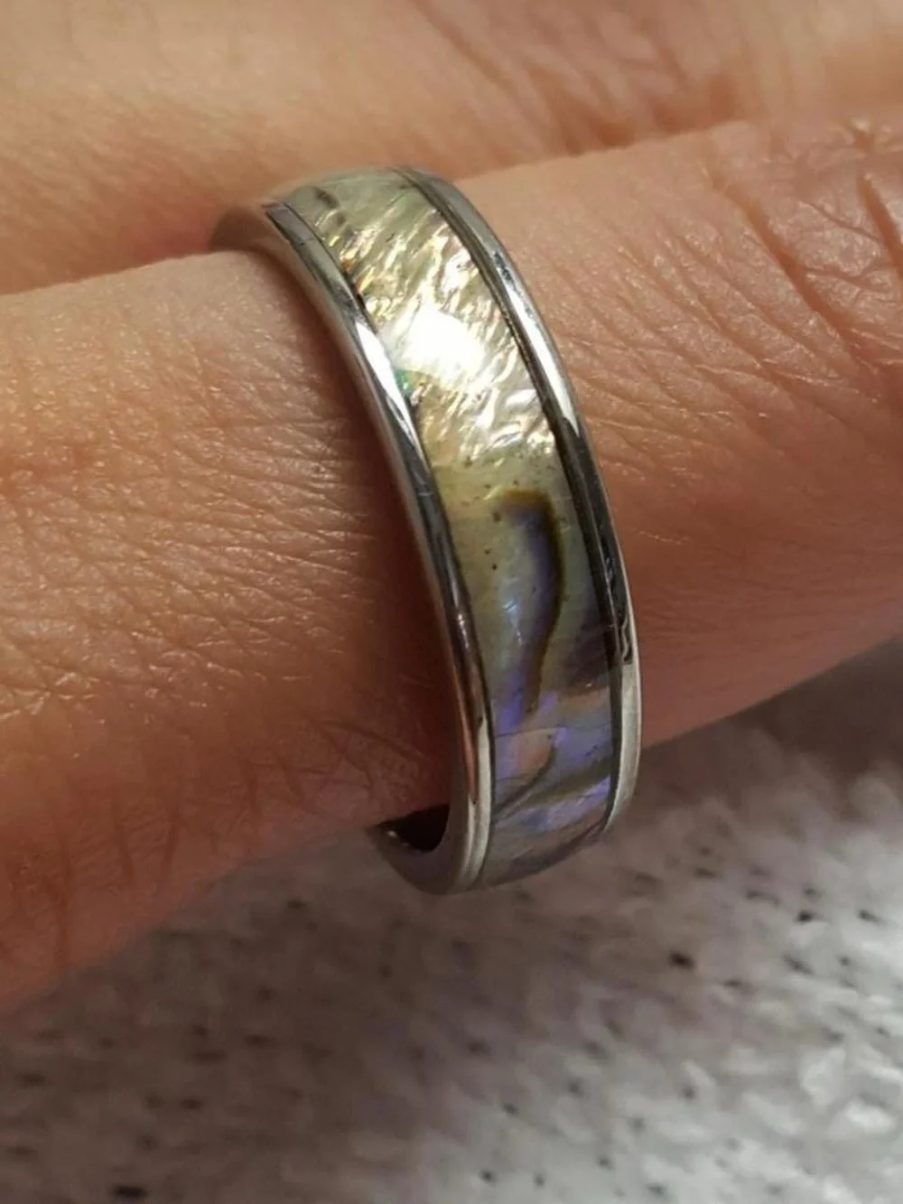 Abalone Inlay Stainless Steel Ring Band - Iridescent Blue-Purple